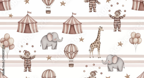 cute circus animals and clowns in brown tones on white background