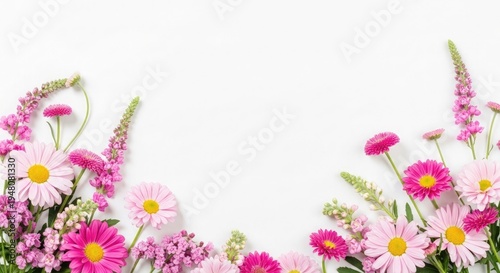 Vibrant pink and white flowers on a white background