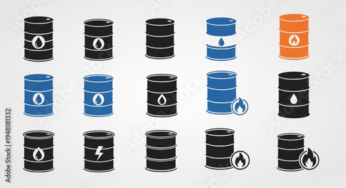 Collection of Oil Barrels with Various Energy Symbols.