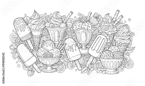 Hand drawn doodle of assorted ice cream treats and berries cones popsicles sundaes