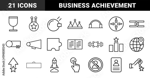 Business and achievement line icon set. Vector pictograms of crown, trophy, medal, puzzle, megaphone, globe, rocket, and winner podium, thin outline illustration.