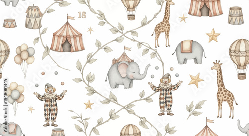 whimsical circus scene with animals and clowns