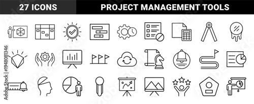 Business management and strategy line icon set. Vector pictograms of gantt chart, checklist, presentation, gear, roadmap, and analytics, thin outline illustration.