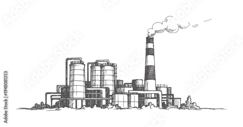 Hand drawn industrial factory with smoking chimney and storage tanks smoke