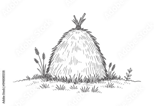 Hand drawn of a haystack with wheat stalks and grass rural farm