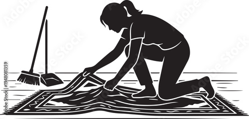 Woman Straightening Rug on Floor Silhouette Illustration