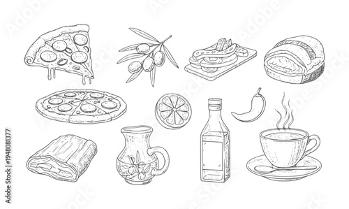 Hand drawn Italian food and drink collection pizza slice olives branch bread