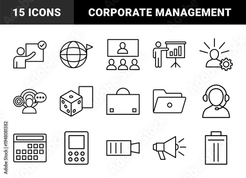Business and communication line icon set. Vector pictograms of presentation, globe, dice, briefcase, calculator, headset, and megaphone, thin outline illustration.