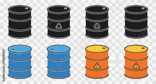 Isometric Oil Drums - Black, Blue, and Orange Barrels.