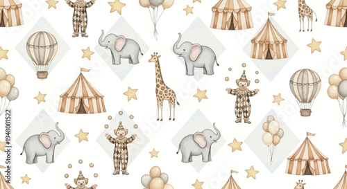 Whimsical circus scene with animals and clowns