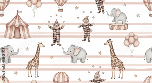 cute circus scene with animals and clowns on stripes background
