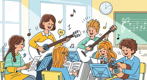 Children's Guitar Class: Teacher and Students Playing Music Together in a Lively Classroom