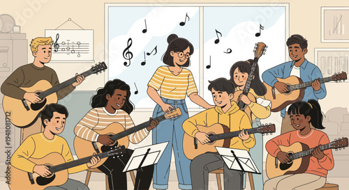 Diverse Students Enjoy Guitar Lesson With Teacher