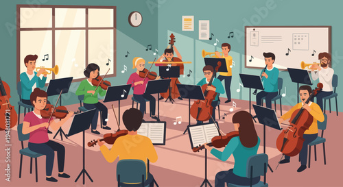 Orchestra Practice: Diverse Students Playing Instruments in a Bright Classroom