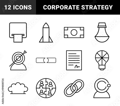 Business and startup line icon set. Vector pictograms of rocket, money, contract, target, strategy, chess, and cloud, thin outline illustration.