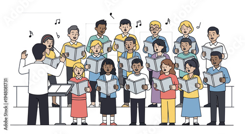 Diverse Choir Singing Together on Stage with Conductor