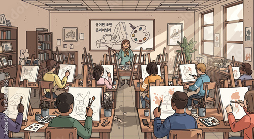 Art Class Drawing Lesson in School Studio with Students and Teacher