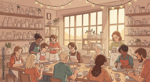 Diverse group of people enjoying a pottery class, learning to shape clay on pottery wheels.