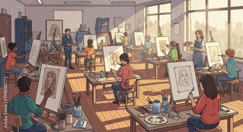 Art class in session: students painting portraits in a sunlit studio