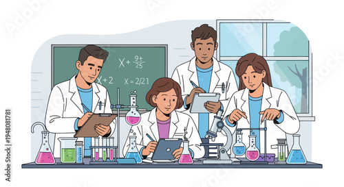 Diverse students in lab coats conducting science experiment, research, education concept
