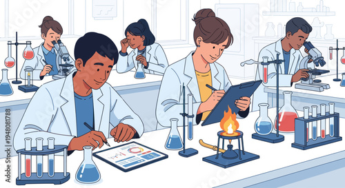 Diverse scientists in lab coats conduct experiments with microscopes and test tubes in a bright laboratory.