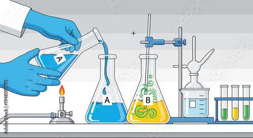 Scientist mixing liquids in flasks with Bunsen burner and distillation apparatus