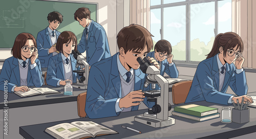 Anime students in classroom using microscopes for science experiment