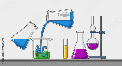 Chemistry Lab Experiment: Pouring Blue Liquid into Beaker with Green Reaction