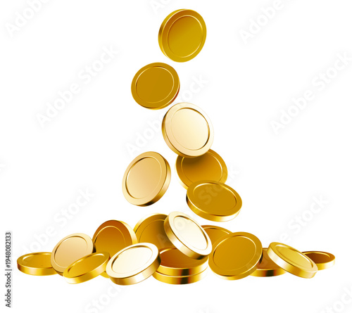 Golden coins falling in a pile. Shiny gold coin rain and scattered treasure. Realistic 3D metallic currency for finance and wealth. Falling money tokens with glossy reflection