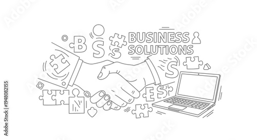 Vector illustration of handshake with business solutions icons