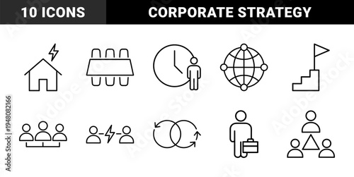 Business and management icon set. Vector pictograms of meeting table, globe, office, clock, stairs, conflict, collaboration, and hierarchy, thin line illustration.