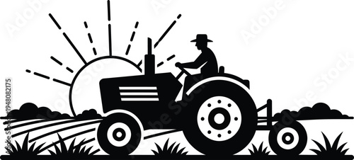 farmer driving tractor in field at sunrise