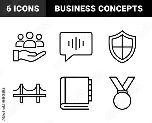 Corporate and community line icon set. Vector pictograms of shield, hand, people, speech bubble, medal, bridge, book, and energy, thin outline illustration.