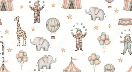 whimsical circus scene with animals and clowns