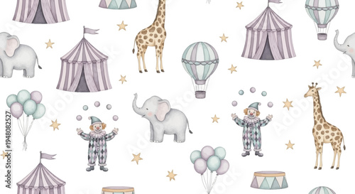 whimsical circus scene with clowns elephants giraffes and balloons