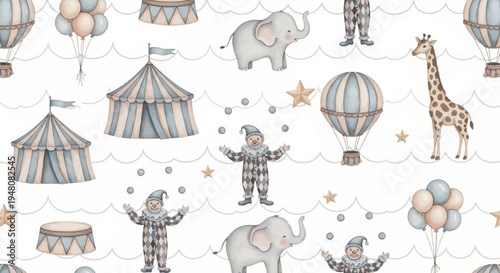 whimsical circus scene with clowns elephants giraffes hot air balloons and tents