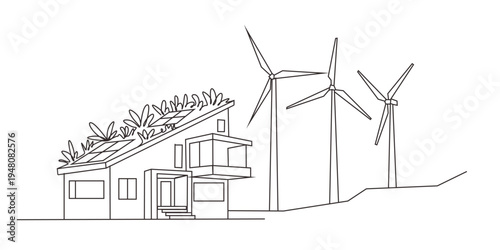 Continuous one line design of eco-friendly building with wind turbines. Minimalist style vector illustration on white background.