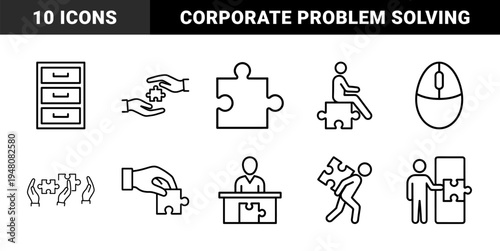 Business solution and problem solving icon set. Vector pictograms of puzzle pieces, filing cabinet, computer mouse, desk, and human figures, thin outline illustration.