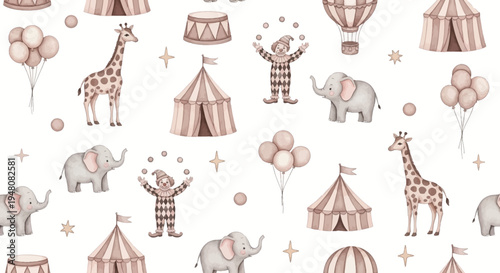 cute circus scene with giraffes elephants clowns and balloons