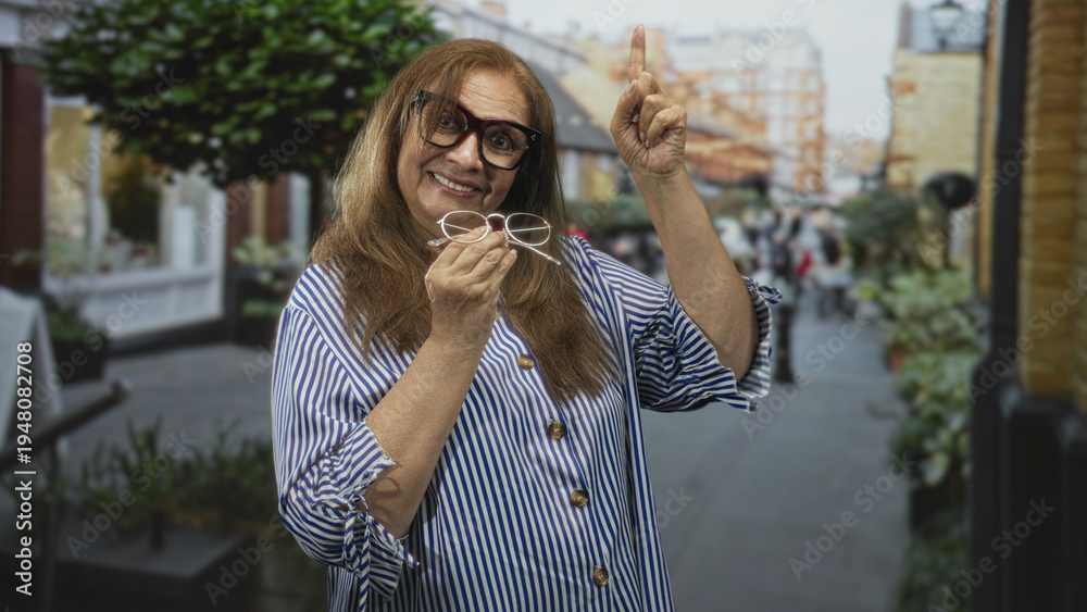 Fototapeta premium Woman holding glasses and pointing finger upward on a street storefront, striped blouse visible and smiling broadly; joyful confidence.