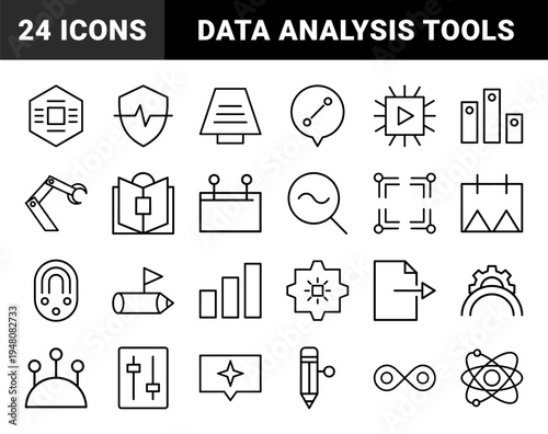 Technology and data line icon set. Vector pictograms of robotic arm, processor, infinity, atom, graph, fingerprint, and settings, thin outline illustration.