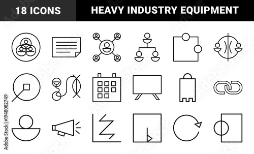 Industrial manufacturing icon set. Vector pictograms of gears, factory, worker, tools, crane, minerals, oil, and truck, black silhouette illustration.