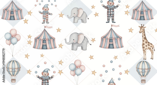 whimsical circus scene with animals and clowns