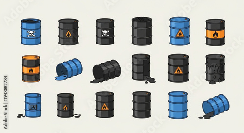 Collection of Toxic Waste Barrels in Various Styles.