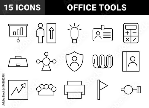 Business and office line icon set. Vector pictograms of badge, elevator, lightbulb, chart, shield, calculator, briefcase, connectivity, knuckles, and printer, outline illustration.