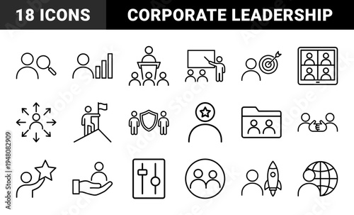 Business management and leadership line icon set. Vector pictograms of target, magnifying glass, presentation, podium, growth, and teamwork, thin outline illustration.