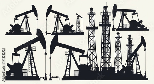 Silhouette of Oil Rigs and Pumpjacks Extracting Petroleum.