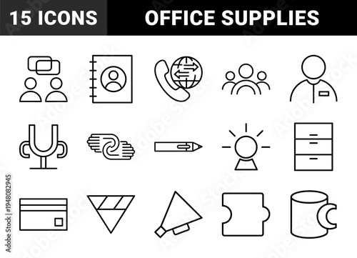 Business line icon set. Vector pictograms of contact book, phone, team, cup, pen, file cabinet, megaphone, puzzle, credit card, and mug, thin outline illustration.