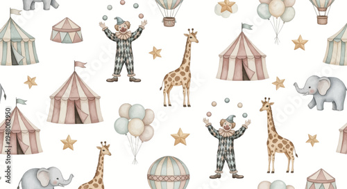 whimsical circus scene with clowns giraffes elephants and tents