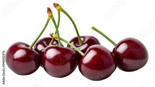 Fotografie Isolated fresh, ripe, and juicy red cherries with green stems, a healthy summer